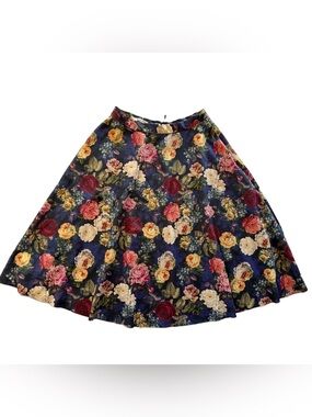 Floral A-Line Skirt in Navy with Multicolor Roses-AB